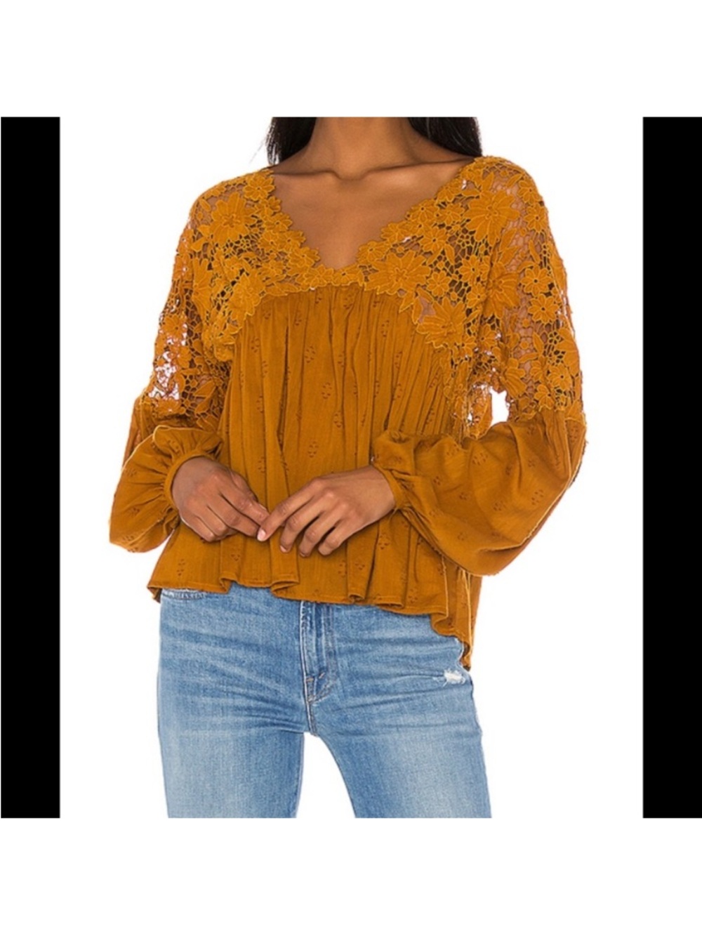 Womens Free People Lina Lace Top blouse. Size XS. Peasant Boho Crochet. Bronze.